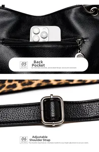 Detail of black pebbled leather bag with rear zip pocket and adjustable silver strap
