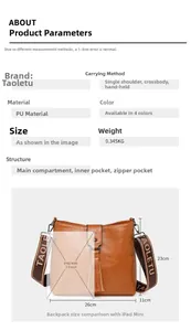 Sac seau rétro en cuir PU marron détails des dimensions et bandoulière réglable en toile