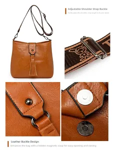 Détail du sac seau marron avec franges, fermoir magnétique et sangle tissée