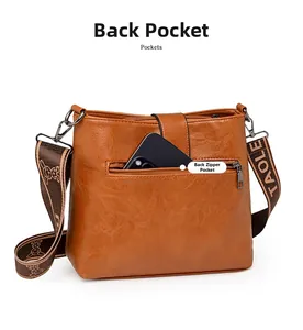 Vue arrière du sac seau vintage marron montrant la poche zippée pour ranger un smartphone