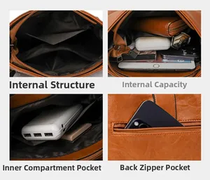Vue détaillée de l'intérieur multi-compartiments et de la poche arrière du sac seau marron