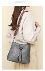 Détail du sac seau en cuir gris vintage avec pompon décoratif et large bandoulière logo
