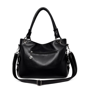 Classic black lychee pattern leather tote bag with silver hardware and shoulder strap