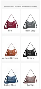 Collage of multi-pocket leather crossbody bags showing six available color options