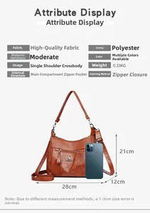Brown litchi texture leather crossbody bag detail with 28x21x12cm size and 0.33kg weight