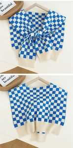 Close-up of blue and white checkered knit shawl with ribbed edges on a wooden hanger