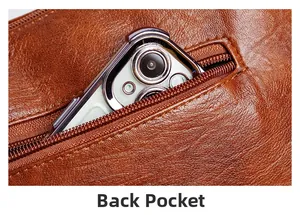 Detail of brown leather bag back pocket with zip showing phone storage capacity