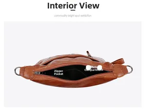 Interior layout of brown leather handbag featuring a zipper pocket and main compartment