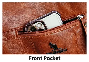 Close-up of front zipper pocket on brown leather crossbody bag holding a smartphone
