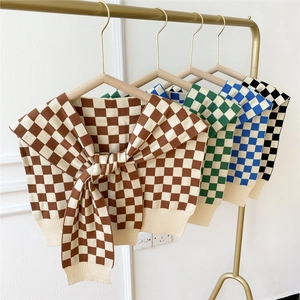 Knit Shawl Wrap Checkerboard Pattern Fake Collar Tie Front Retro Autumn Winter Warm Shoulder Cape For Women