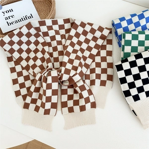 Knitted checkerboard pattern shawl scarf for women in brown blue green and black colors