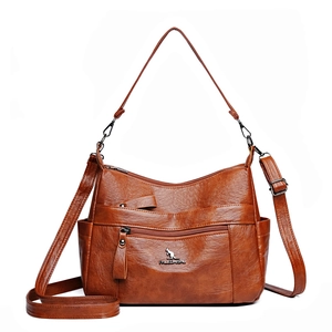 Classic brown leather shoulder bag with textured finish and multi-pocket functional design