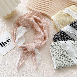 Floral cotton linen triangle scarf with embroidery edge in various pastel colors