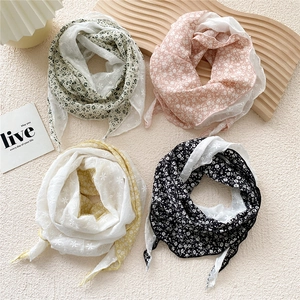 Floral embroidered cotton linen triangle scarf set with white lace borders and patterns