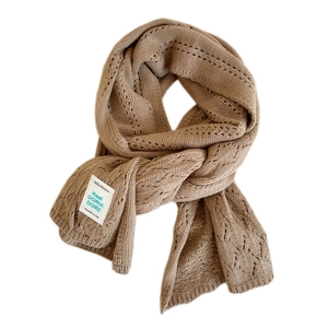 Fashionable brown knit scarf with hollow diamond patterns for women's winter warmth