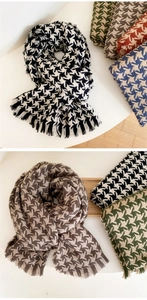 Close-up of houndstooth scarf texture with fine tassels in various autumn colors