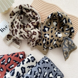 Leopard Print Scarf Knitted Warm Winter Long Shawl Retro Japanese Style Soft Thick Neck Warmer For Women Accessories
