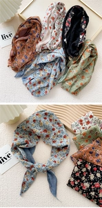 Close-up of floral double-layer diamond silk scarves in various vintage patterns