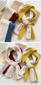 Detail showing soft ribbed knit texture and stylish color block patterns on scarves