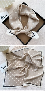 Polka dot silk square scarf in champagne gold with elegant black border and gift box