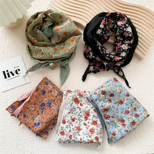 Floral Print Scarf Layered Polyester Diamond Shaped Narrow Long Neck Tie For Women French Retro Style Bag Ribbon