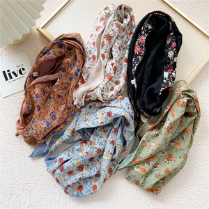 Floral print long skinny silk scarves in five colors for women fashion accessory