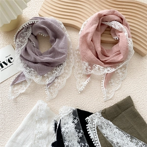 Women Retro Triangle Bandana Scarf With Lace Trim And Pom Poms Cotton Linen Texture Elegant Pastoral Style Headband