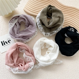 Five-piece cotton linen scarves set with floral lace trim and pompom edges in pastel colors