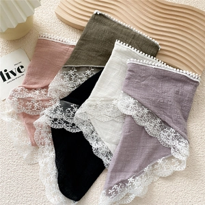 5-pack cotton linen neckerchiefs with lace edges in pink, green, black, white, and purple