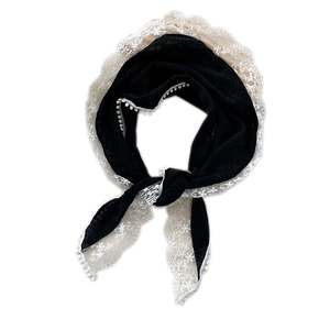 Sweet black cotton linen triangle headscarf with cream lace embroidery and bobble trim