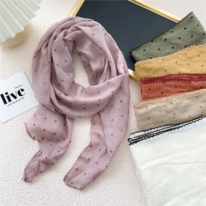Polka dot cotton linen triangle scarf with lace trim available in multiple colors