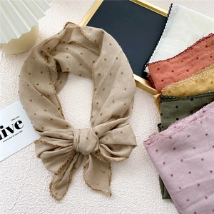 Polka dot cotton linen triangular scarf with elegant lace edges in multiple warm colors