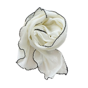 Semicircle cotton linen scarf with swiss dot texture and black scalloped embroidery