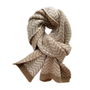 Warm brown and white herringbone knit scarf with soft ribbed ends for women winter style