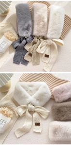 Close-up of plush faux rabbit fur collars with knitted bow ties in multiple colors