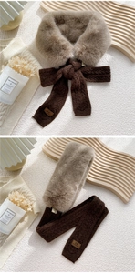Detail of faux rabbit fur scarf with knitted ties and premium brown leather DD tag
