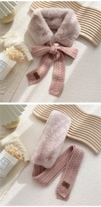 Detailed view of pink faux rabbit fur scarf with knitted ribbon tie and leather tag