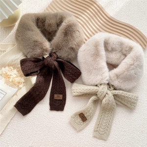 Faux rabbit fur winter neck warmer with knit bow tie and plush texture in two colors