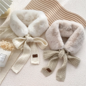 Winter faux rabbit fur neck warmer with knitted bow tie in beige and oatmeal tones