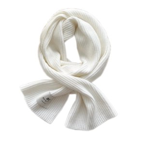 Short double-sided white knitted scarf for women with warm ribbed texture and label