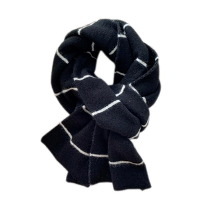 Classic black striped knit long scarf for winter, soft unisex neck warmer on white background