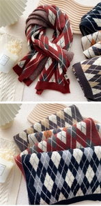 Detailed macro view of retro diamond lattice knit scarf with thick wool texture