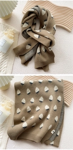 Detail of knitted acorn pattern on a warm camel cashmere-like winter scarf