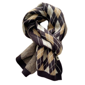 Thick knitted argyle scarf in brown and beige colors with premium ribbed edge detail
