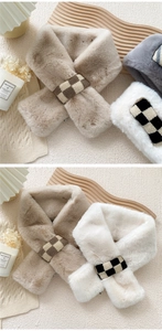 Faux fur plush scarf with checkered loop buckle detail in warm winter tones