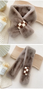 Detail of taupe faux fur scarf with checkerboard knit loop for secure styling
