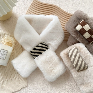 Faux Fur Winter Scarf For Women Cross Keyhole Thickened Warm Plush Neck Warmer With Knitted Checkerboard Buckle Fashion Soft