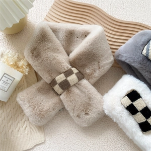 Plush faux rabbit fur scarves with knit checkerboard buckle in beige, white and grey