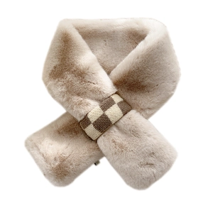 Winter faux rabbit fur cross scarf in beige with a stylish checkered knit strap detail