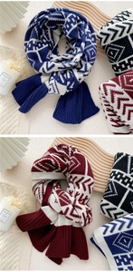 Detail of geometric jacquard patterns and ribbed edges on thick knitted scarves